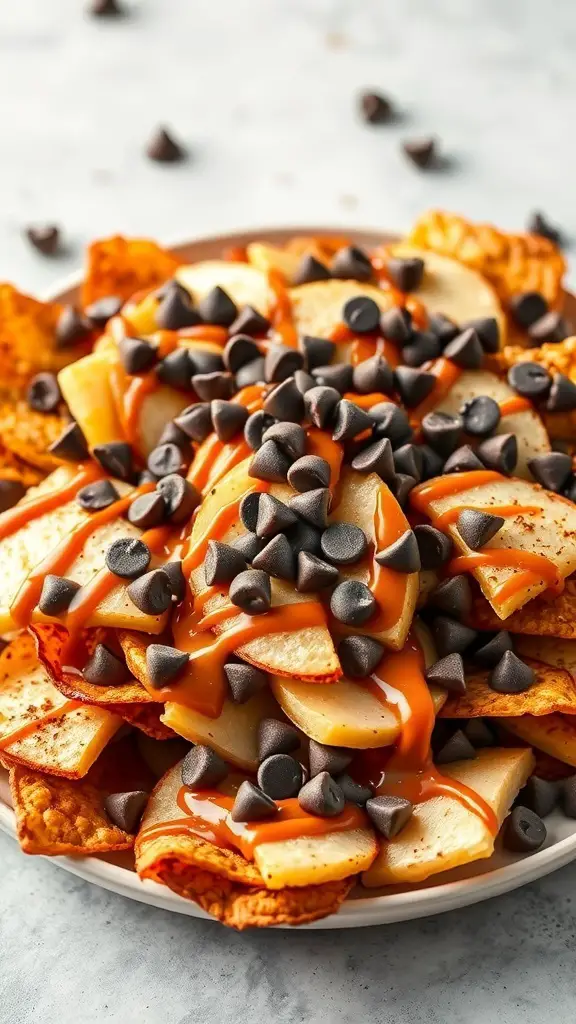 A plate of cinnamon sugar apple nachos topped with caramel and chocolate chips.