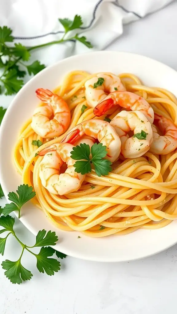 A plate of Garlic Butter Cellentani pasta topped with shrimp and parsley.