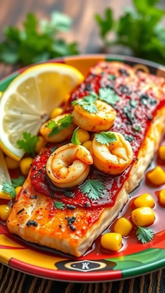 Cajun Shrimp and Corn Stuffed Salmon on a colorful plate with lemon and cilantro