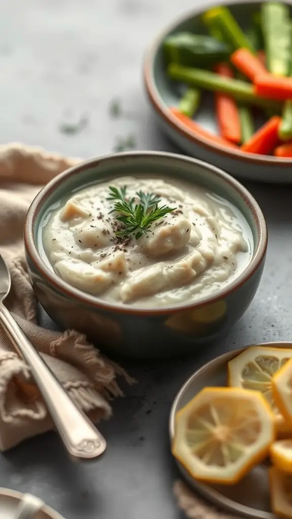 A bowl of savory chicken puree garnished with herbs, served with colorful vegetables on the side.