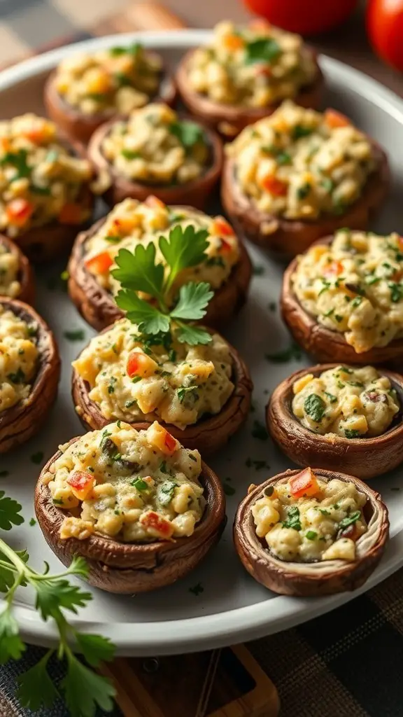 A plate of savory stuffed mushrooms filled with a creamy mixture, garnished with parsley.