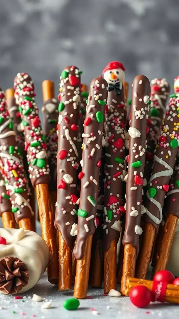 Chocolate-covered pretzel rods decorated with colorful sprinkles and candies