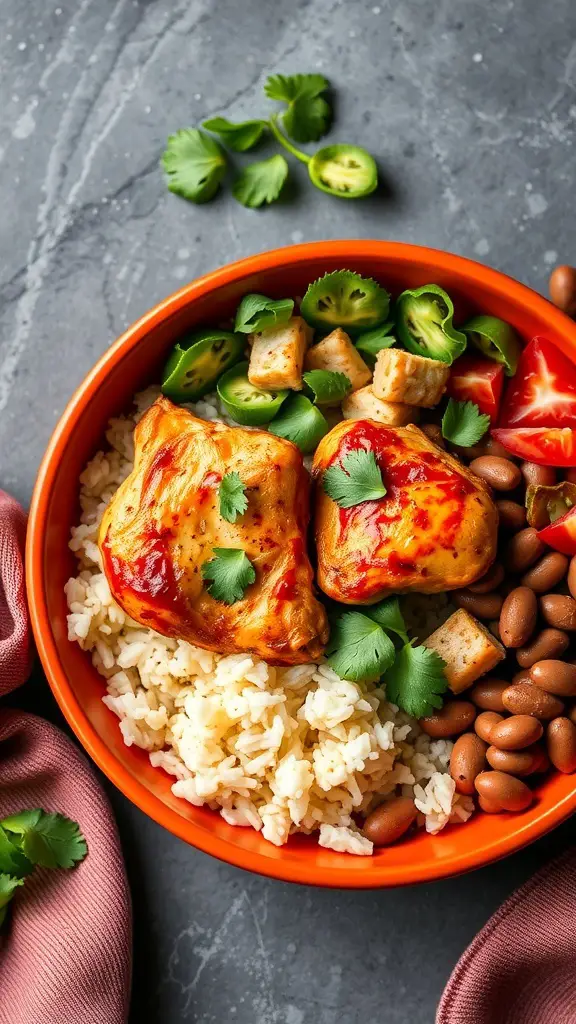 A colorful bowl of Chipotle Chicken Thighs served over rice with fresh toppings.