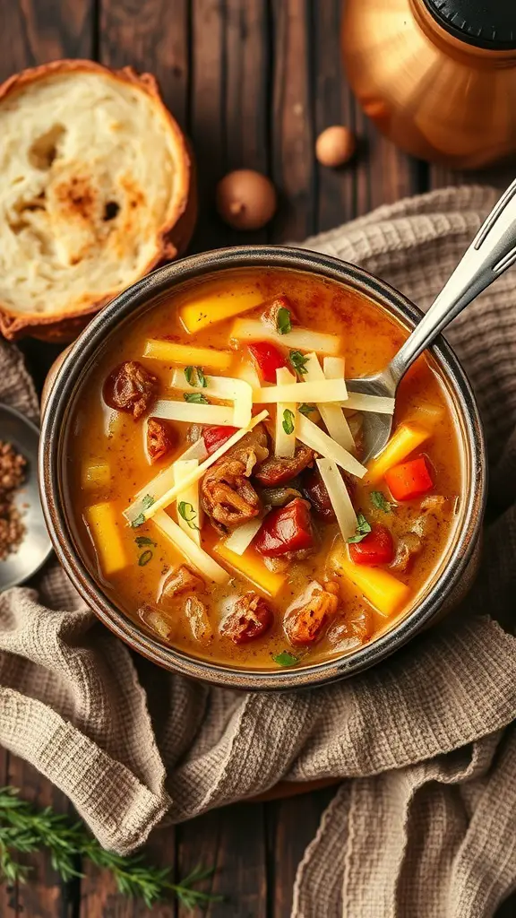 A bowl of French Onion Soup with melted cheese and crusty bread