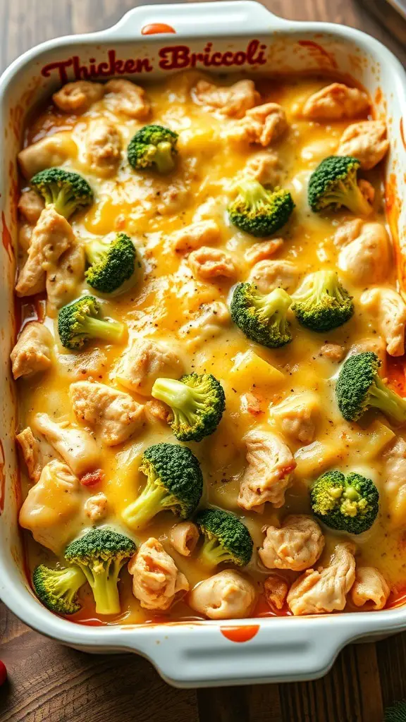 A delicious chicken and broccoli casserole topped with melted cheese.