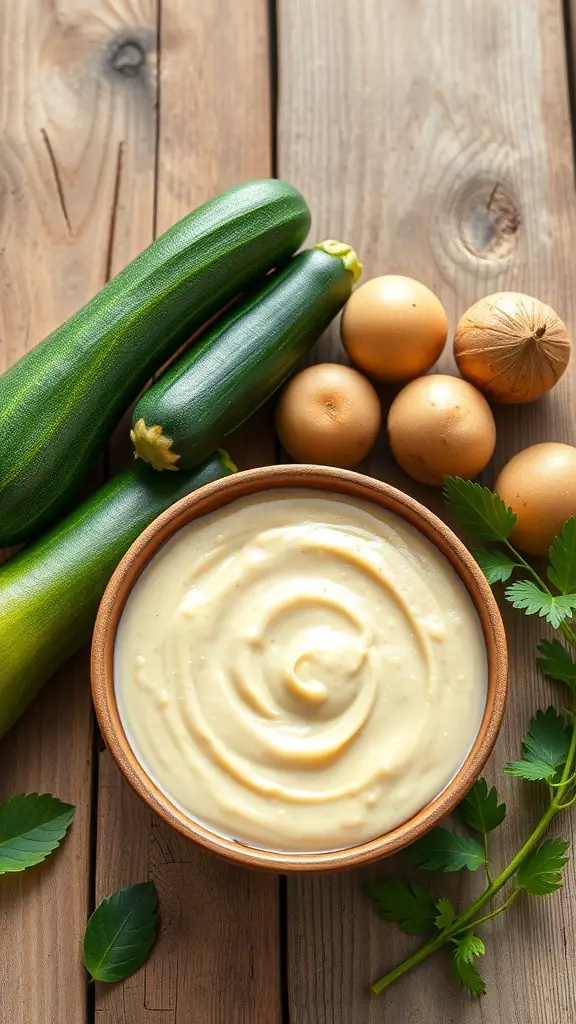 A bowl of creamy zucchini and potato puree surrounded by fresh zucchini and eggs on a wooden table.