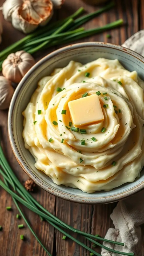 A bowl of creamy garlic mashed potatoes topped with butter and chives, surrounded by garlic cloves and chives on a rustic wooden table.