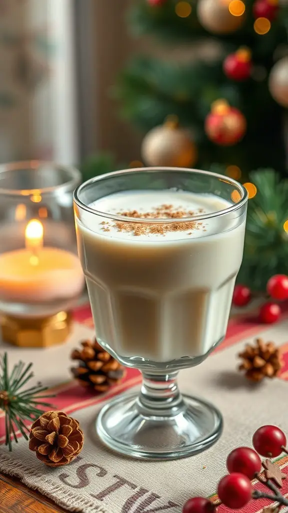 A glass of eggnog topped with nutmeg, set against a backdrop of Christmas decorations.
