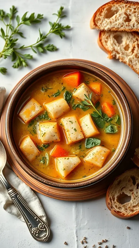 A bowl of canned fish and vegetable soup with bread on the side.