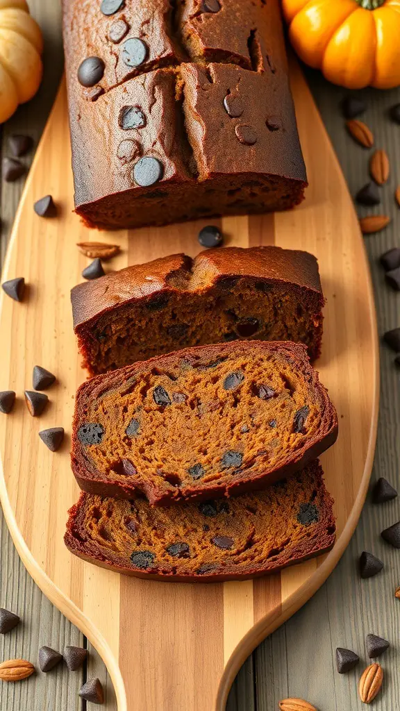 Sliced chocolate pumpkin bread on a wooden board with chocolate chips and small pumpkins