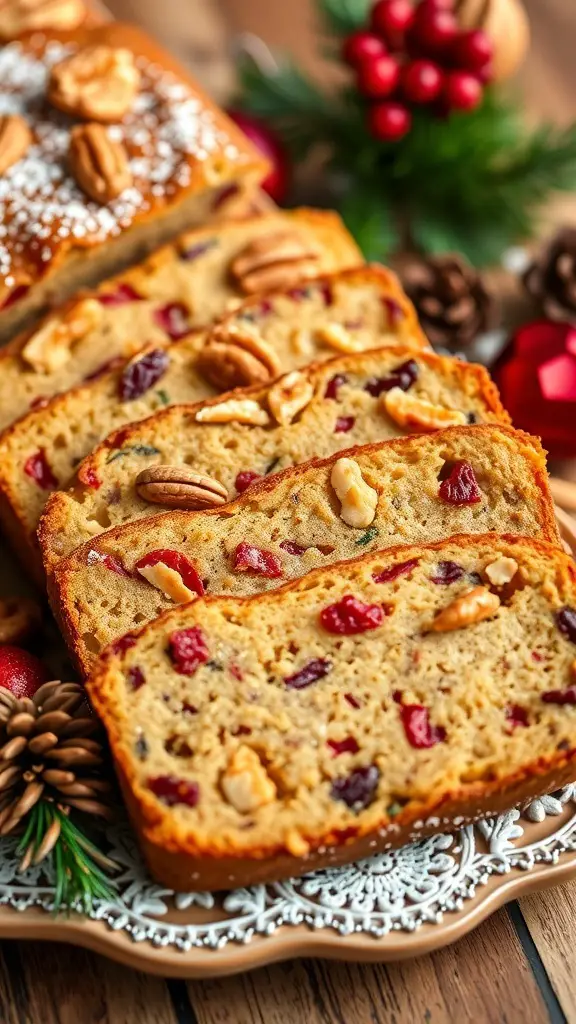 Sliced festive fruitcake bars with nuts and dried fruits, decorated for the holidays.