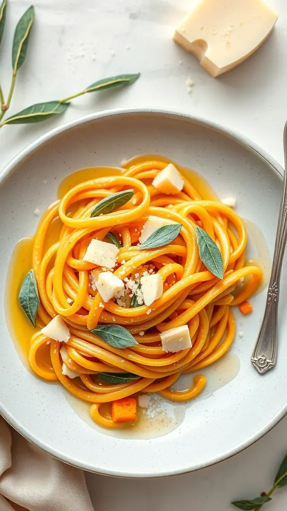 A plate of butternut squash and sage pasta garnished with sage leaves and Parmesan cheese.