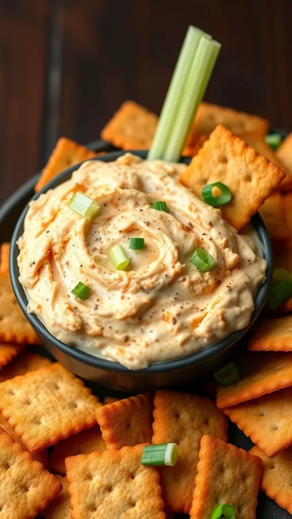 A bowl of creamy Buffalo Chicken Dip surrounded by crackers and garnished with green onions.