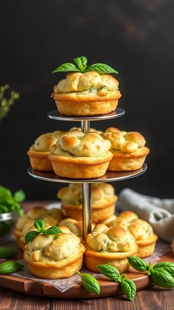 A tiered display of cheesy pesto biscuit puffs topped with fresh basil leaves.