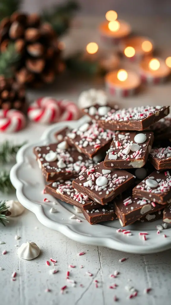 A plate of chocolate peppermint bark with crushed peppermint candies and white chocolate bits, surrounded by festive decorations.