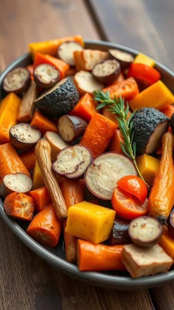 A colorful medley of roasted root vegetables including sweet potatoes, carrots, and beets.