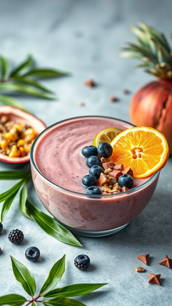 A colorful Caribbean Passion Smoothie Bowl topped with blueberries and orange slices, surrounded by tropical fruits and foliage.