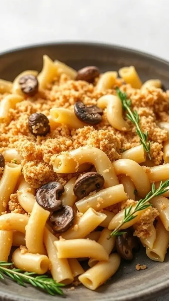 A delicious serving of Mushroom and Truffle Oil Macaroni Bake topped with breadcrumbs and herbs.