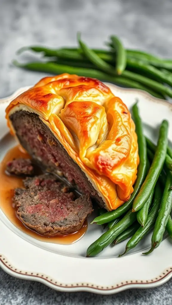 A slice of Beef Wellington on a plate with green beans.