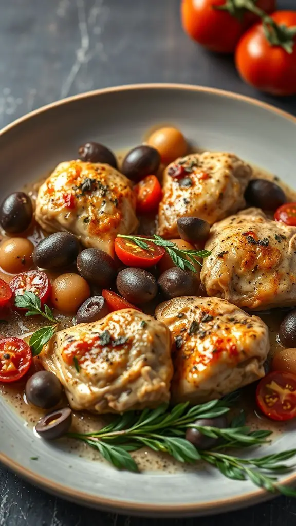 Plate of Mediterranean chicken thighs with olives and cherry tomatoes