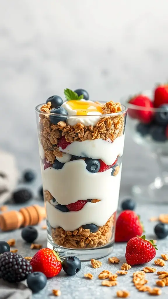 A delicious Greek yogurt parfait with layers of yogurt, berries, and granola in a glass.