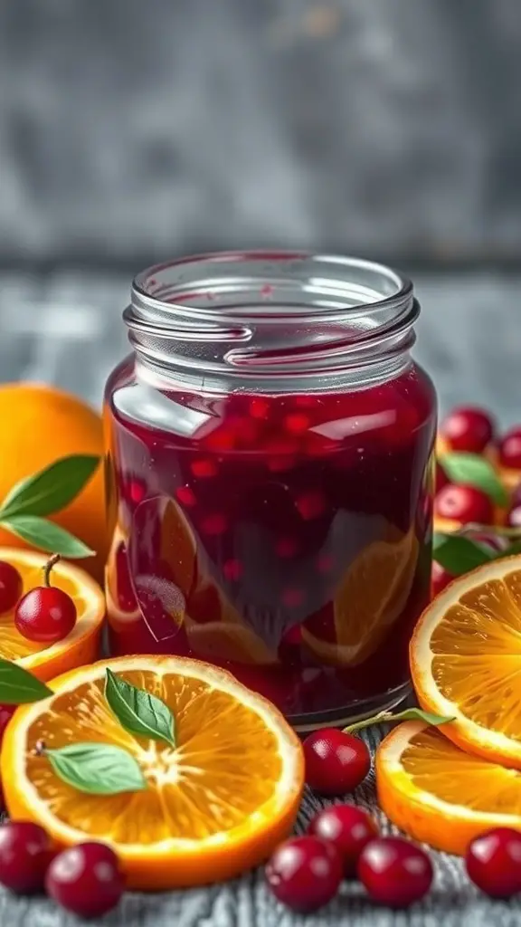 A jar of cranberry orange jam surrounded by fresh orange slices and cranberries.