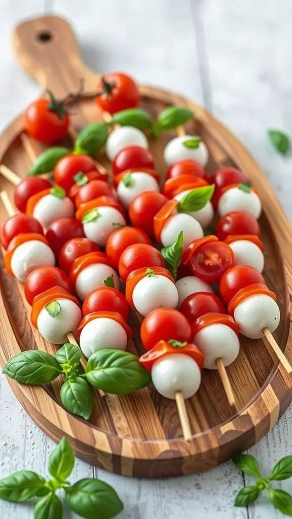 A wooden platter filled with mini Caprese skewers featuring cherry tomatoes, mozzarella balls, and fresh basil.