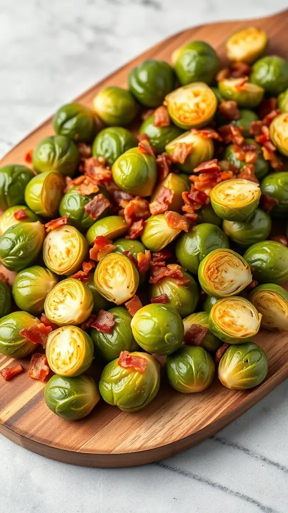 A platter of roasted Brussels sprouts with crispy bacon pieces