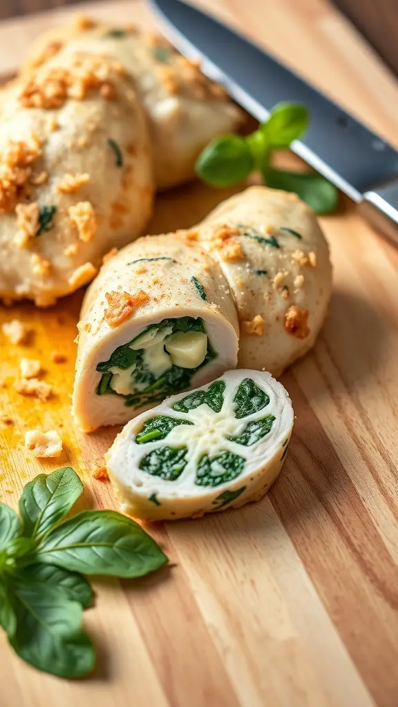 Stuffed chicken tenderloins with spinach and cheese, sliced to show filling, on a wooden cutting board.