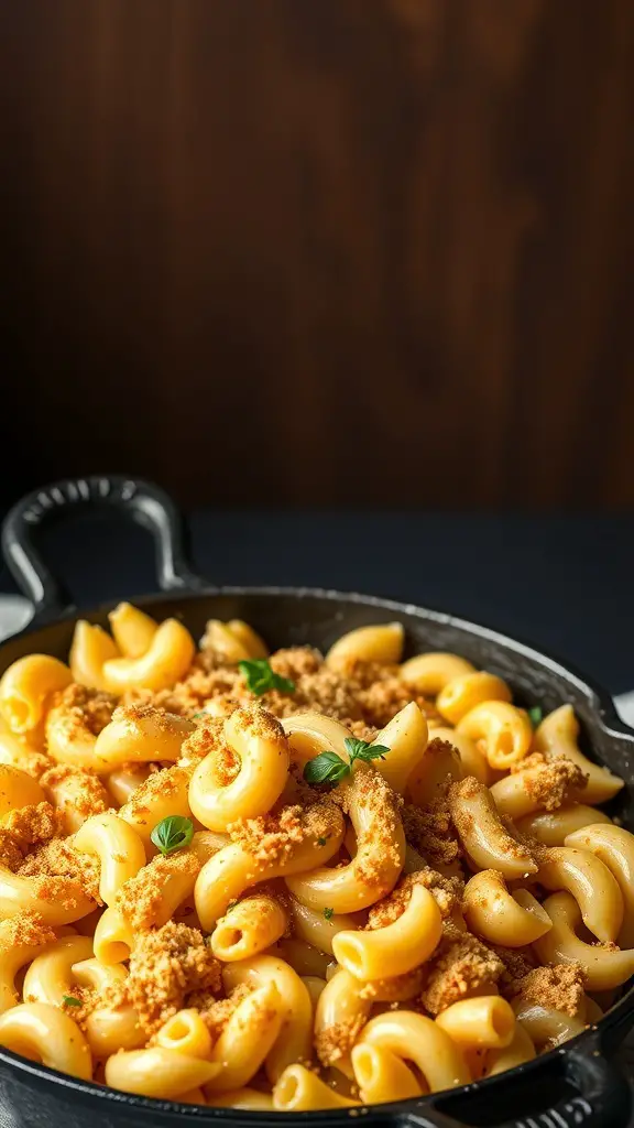 A close-up of baked macaroni and cheese topped with breadcrumbs in a cast iron skillet.