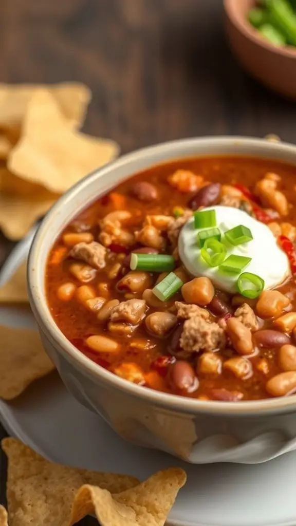 A bowl of spicy turkey and bean chili topped with green onions and sour cream, with tortilla chips on the side.
