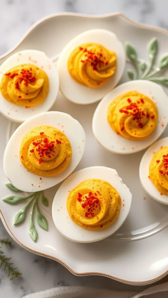 A plate of pumpkin spice deviled eggs topped with paprika.