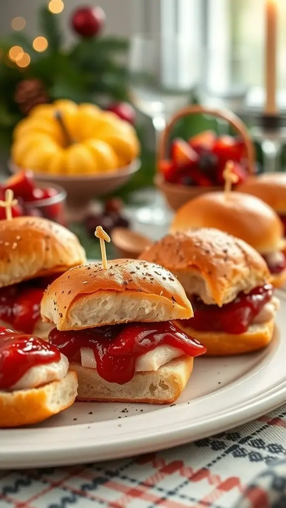Mini turkey and cranberry sliders on a plate, garnished with a toothpick, surrounded by festive decorations.
