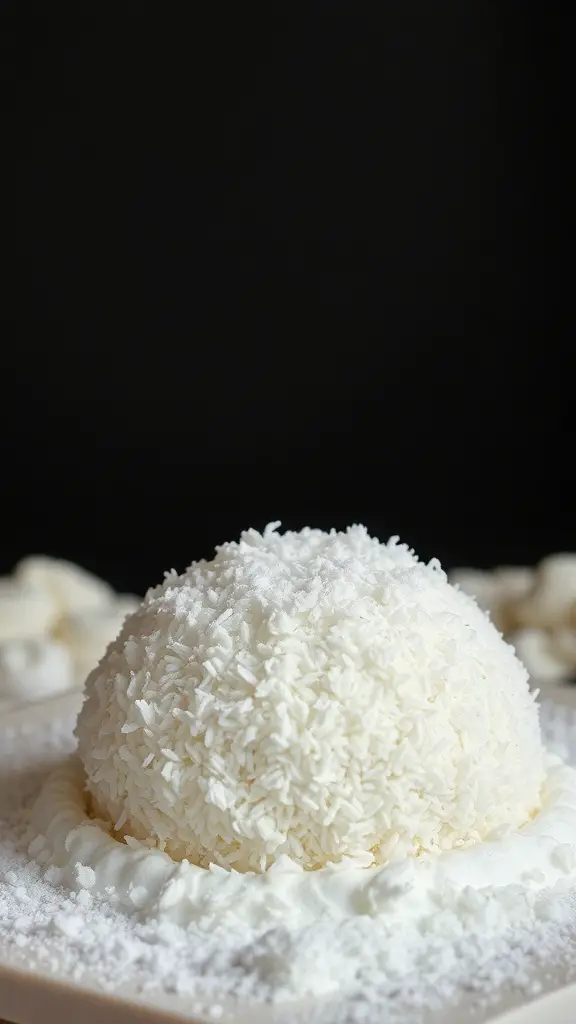 A round coconut snowball cake covered in shredded coconut and fluffy frosting.