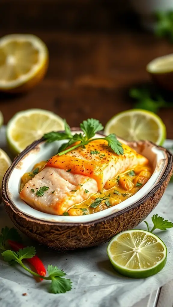 Thai Coconut Curry Stuffed Salmon with lime and herbs