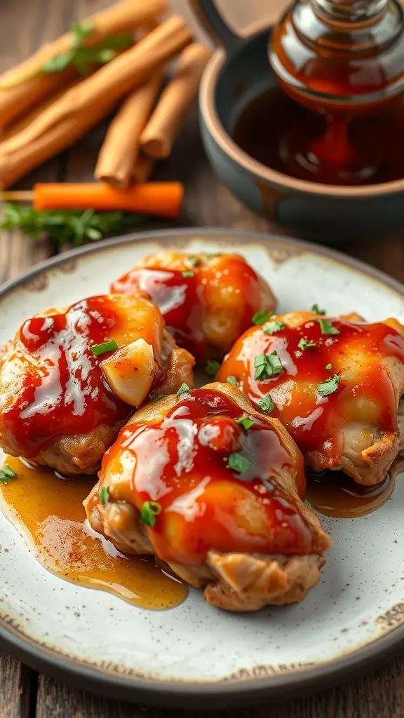 A plate of Spicy Honey Garlic Chicken Thighs with a glossy glaze, garnished with fresh herbs.