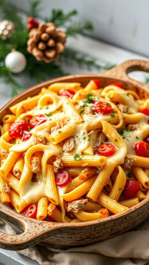 A delicious pasta bake with turkey, cheese, and cherry tomatoes, garnished with parsley, set against a festive backdrop.