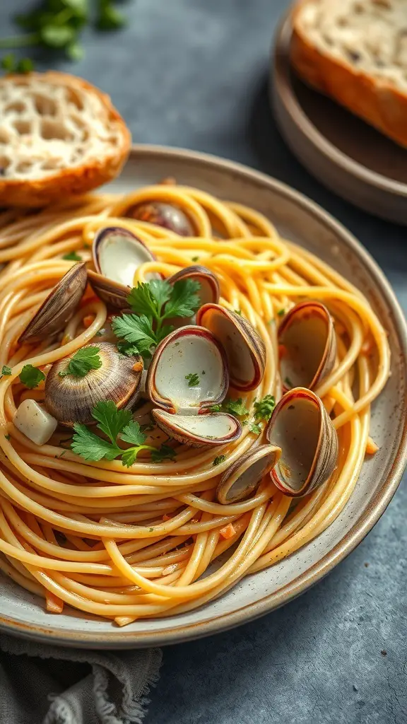 A plate of spicy clam pasta with garlic, garnished with parsley and served with bread.