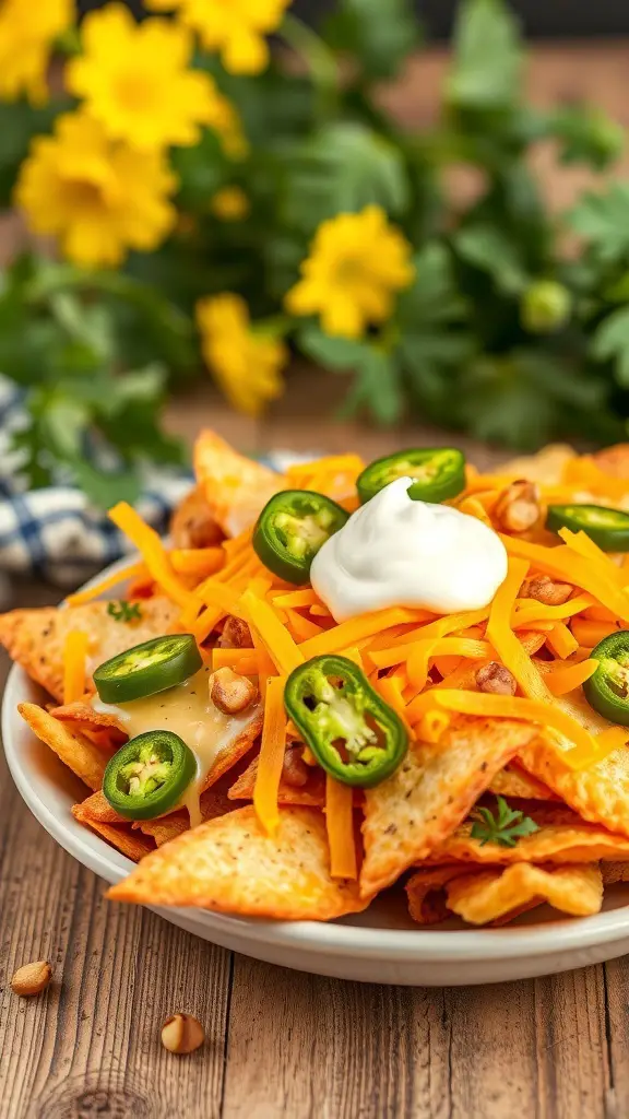 A plate of biscuit nachos topped with cheese, jalapeños, and sour cream, with flowers in the background.