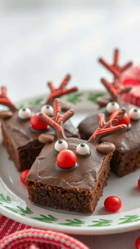 Plate of Rudolph the Red-Nosed Reindeer brownies decorated with candy eyes, red nose, and pretzel antlers.