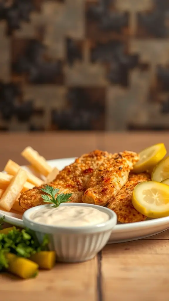 A plate of fried tilapia with remoulade sauce, lemon slices, and fries.