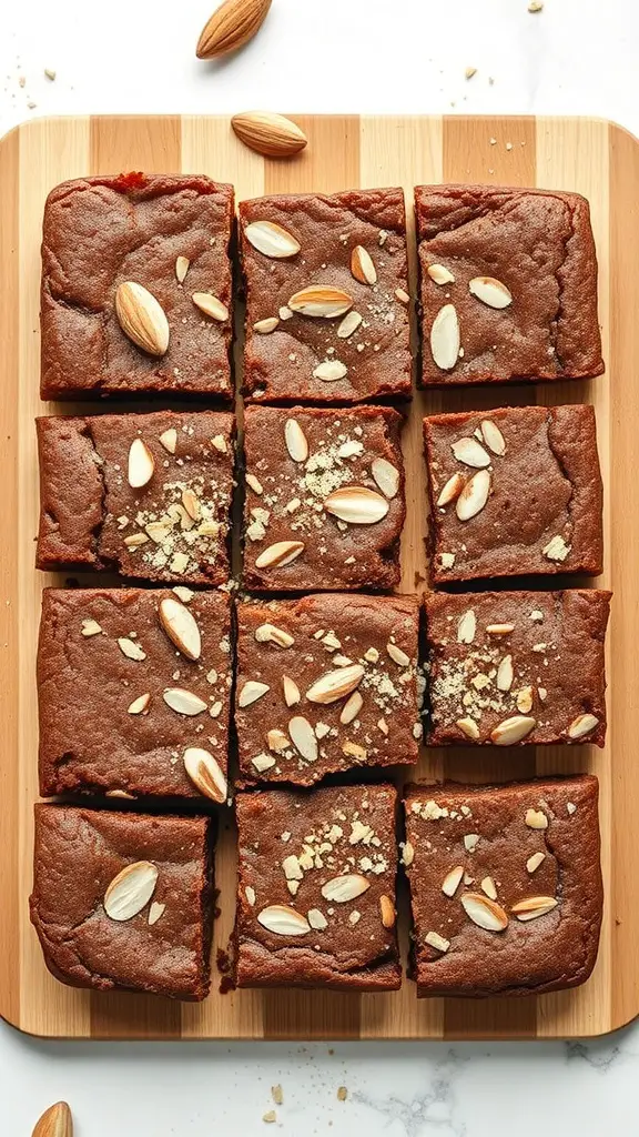 A wooden board with neatly cut almond flour brownies topped with sliced almonds.