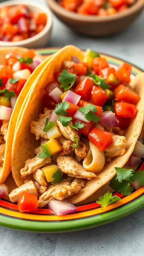 Two turkey tacos filled with fresh salsa and garnished with cilantro on a colorful plate.