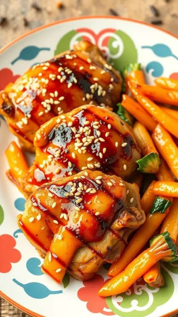 Honey-glazed turkey thighs with sesame seeds served with carrots