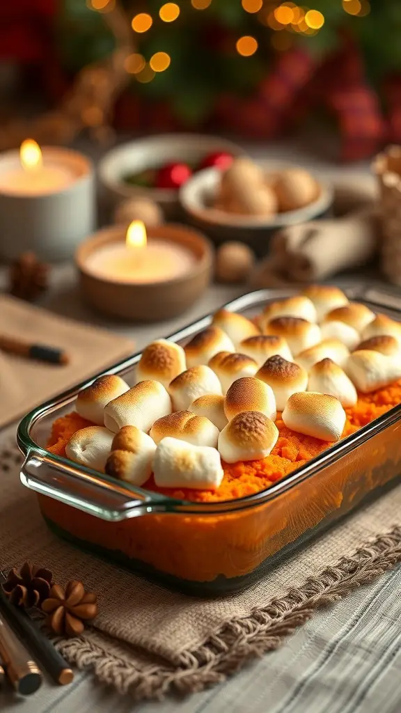 A delicious sweet potato casserole topped with toasted marshmallows, set on a festive table with candles and holiday decorations.