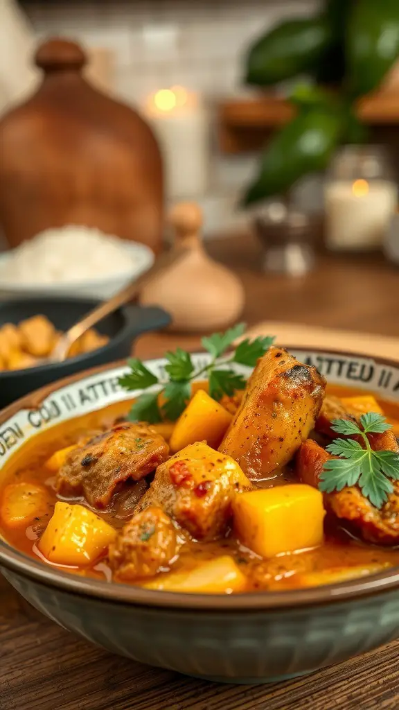 A bowl of Coconut Curry Pot Roast with colorful vegetables and tender meat in a rich sauce.