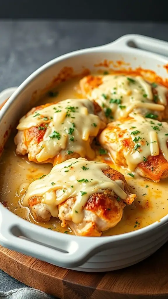 Creamy Garlic Parmesan Chicken Thighs in a white baking dish, topped with melted cheese and garnished with parsley.