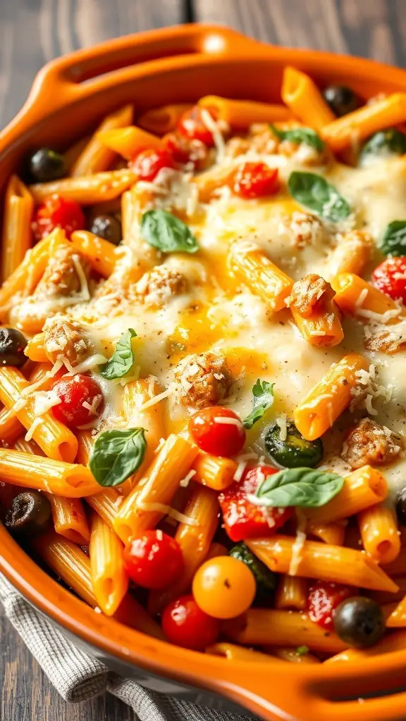 A colorful roasted vegetable pasta bake with cheese, tomatoes, and basil.