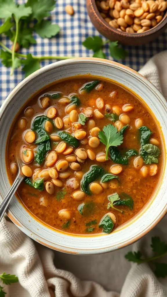 A bowl of lentil soup with spinach, garnished with herbs, on a checkered tablecloth.