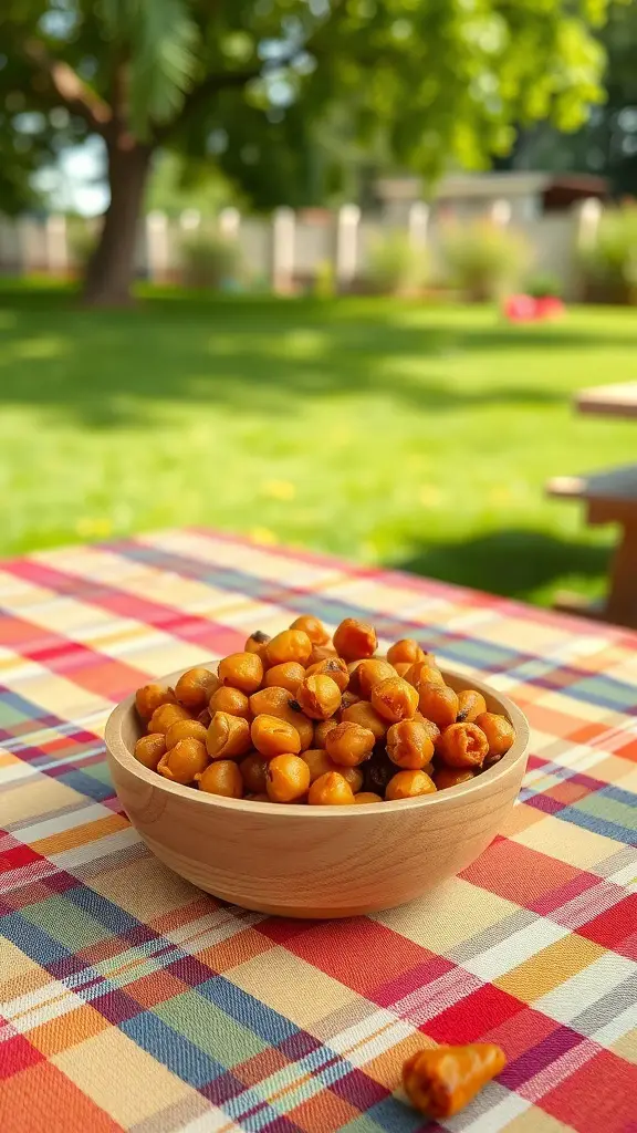 A bowl of roasted chickpeas on a checkered tablecloth in a sunny outdoor setting.